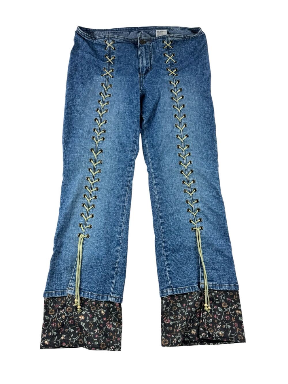 Vintage Y2K Mudd Jeans Size 11 Lace Up Front Floral Hem Boho Bratz Grunge Denim